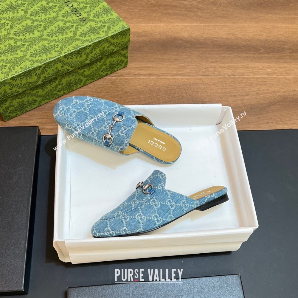 Gucci Princetown Flat Slippers in Light Blue GG Denim 557730 2024 (SS-24051603)