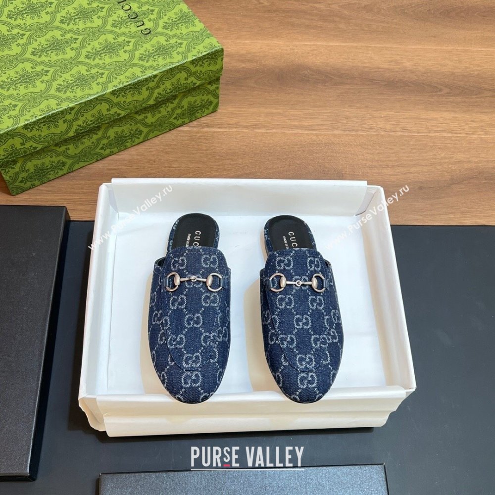 Gucci Princetown Flat Slippers in Dark Blue GG Denim 557730 2024 (SS-24051604)