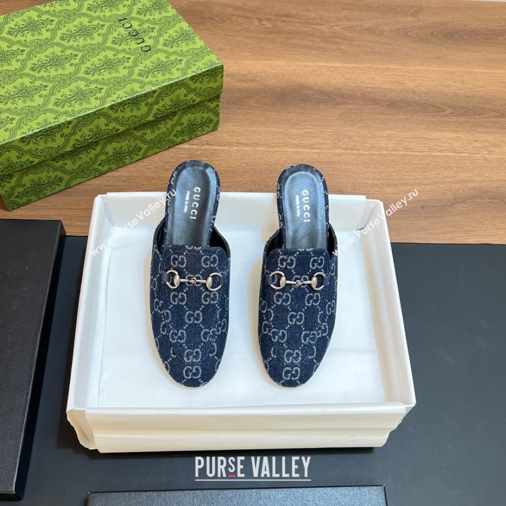 Gucci Princetown Flat Slippers in Dark Blue GG Denim 557730 2024 (SS-24051604)