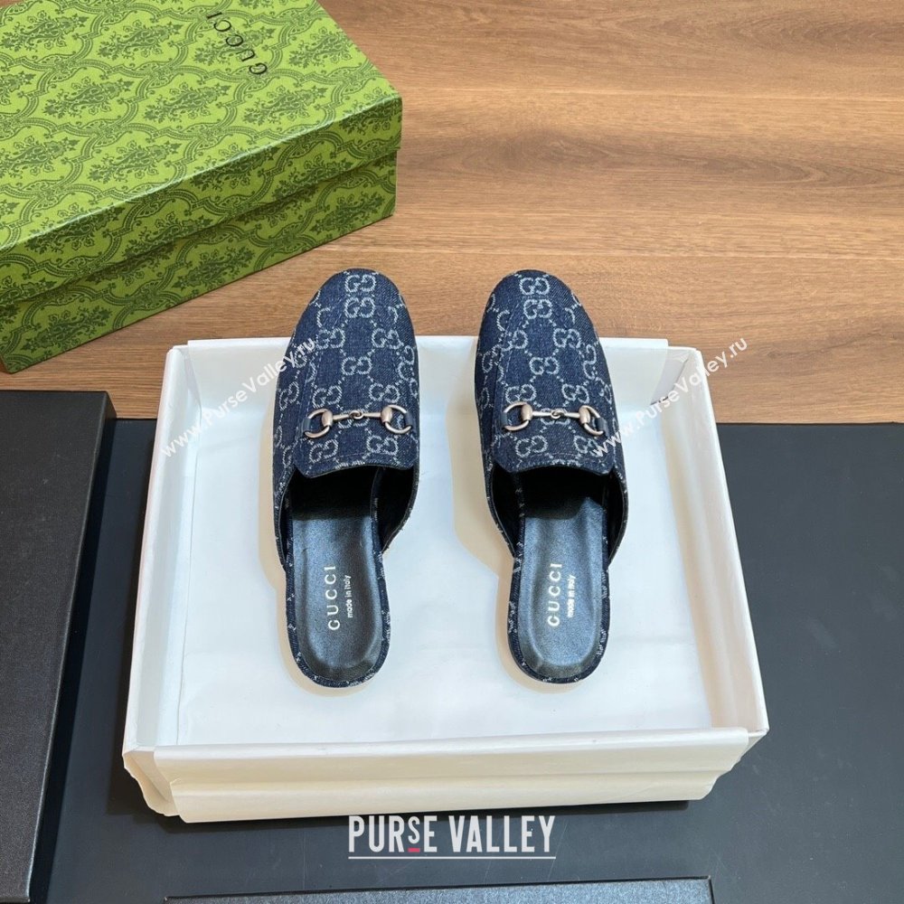 Gucci Princetown Flat Slippers in Dark Blue GG Denim 557730 2024 (SS-24051604)