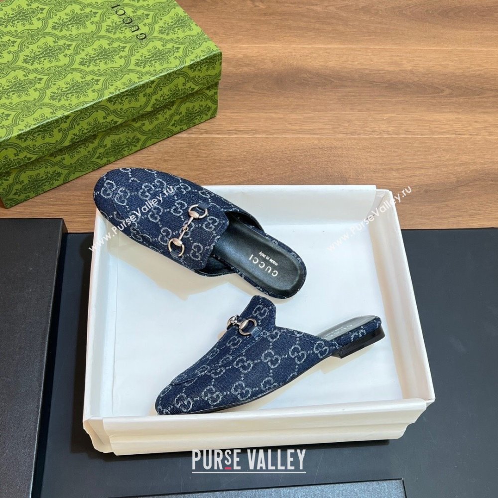 Gucci Princetown Flat Slippers in Dark Blue GG Denim 557730 2024 (SS-24051604)