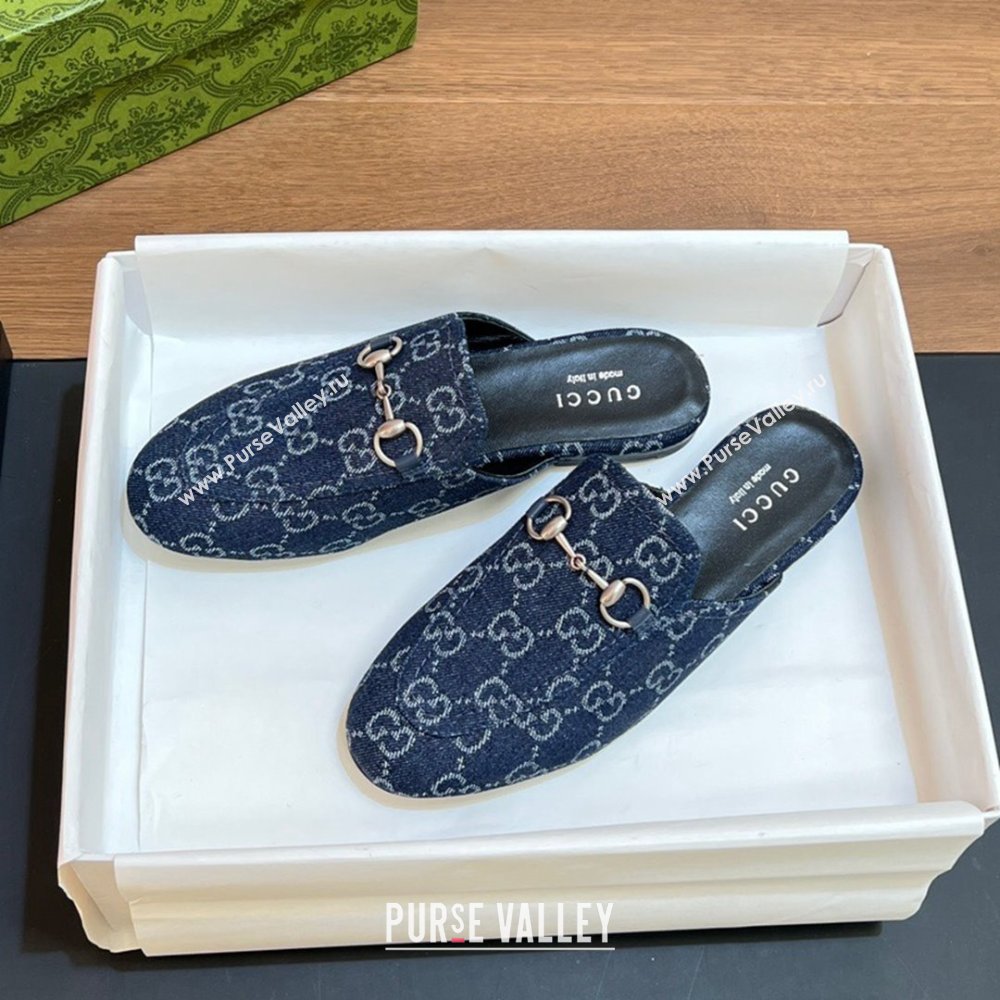 Gucci Princetown Flat Slippers in Dark Blue GG Denim 557730 2024 (SS-24051604)