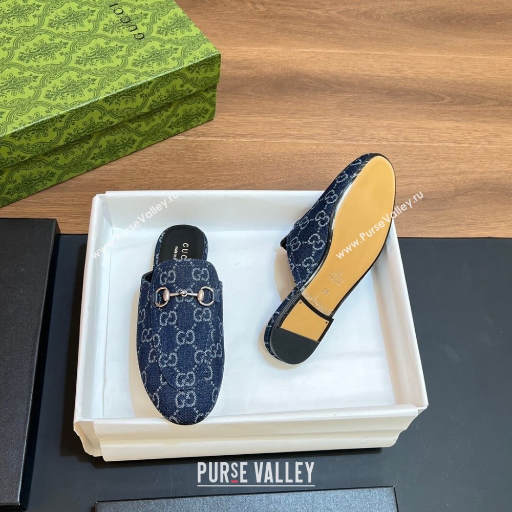 Gucci Princetown Flat Slippers in Dark Blue GG Denim 557730 2024 (SS-24051604)