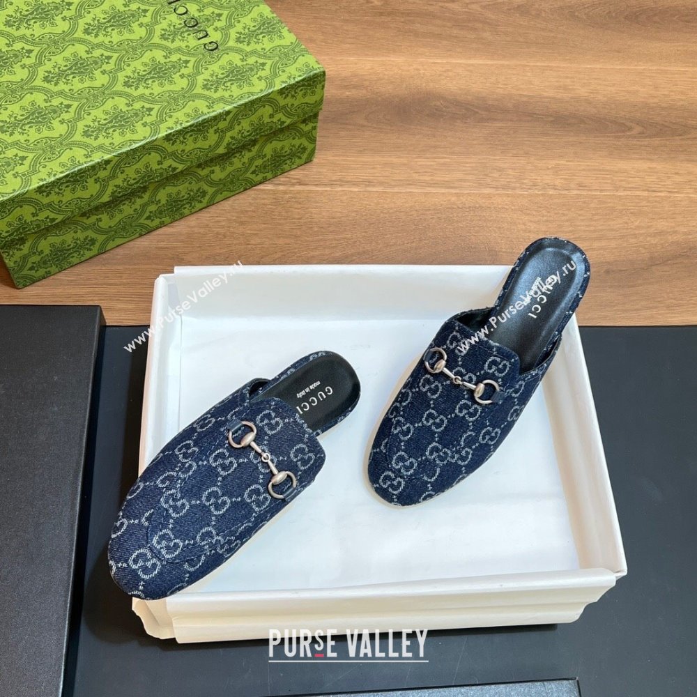 Gucci Princetown Flat Slippers in Dark Blue GG Denim 557730 2024 (SS-24051604)