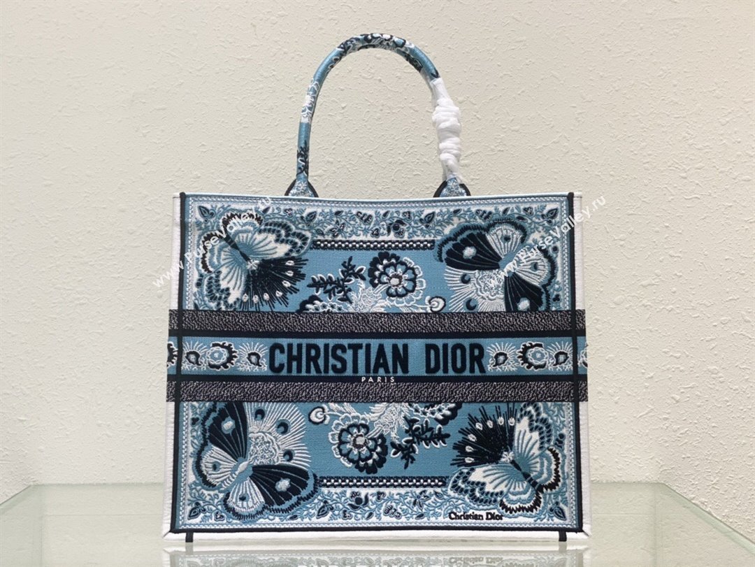 Dior Large Book Tote Bag in Denim Blue Butterfly Bandana Embroidery 2023 (XXG-231129059)