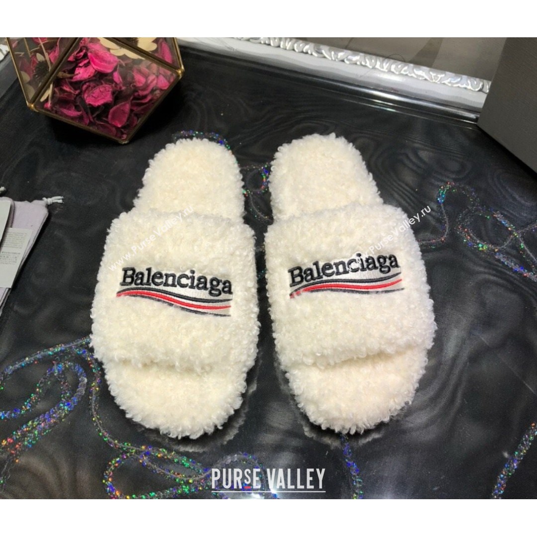 Balenciaga Logo Wool Flat Slide Sandals White 2021 (MD-21081213)