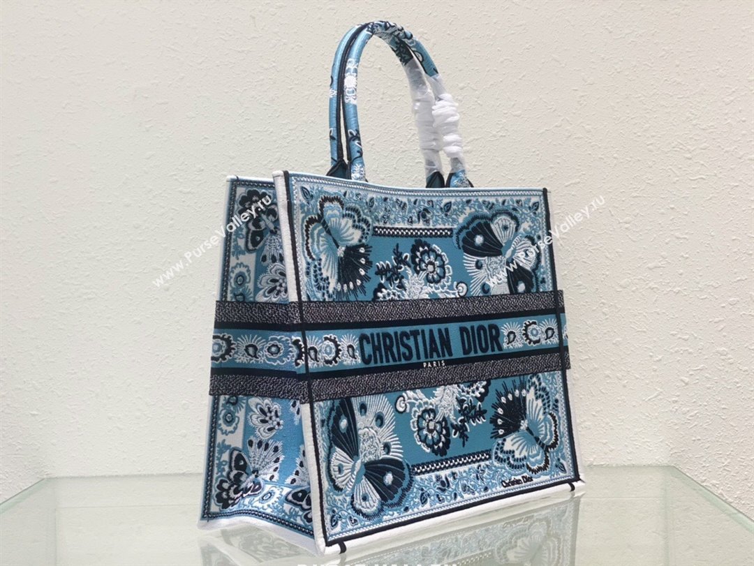 Dior Large Book Tote Bag in Denim Blue Butterfly Bandana Embroidery 2023 (XXG-231129059)