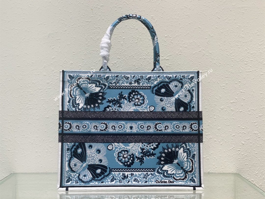 Dior Large Book Tote Bag in Denim Blue Butterfly Bandana Embroidery 2023 (XXG-231129059)