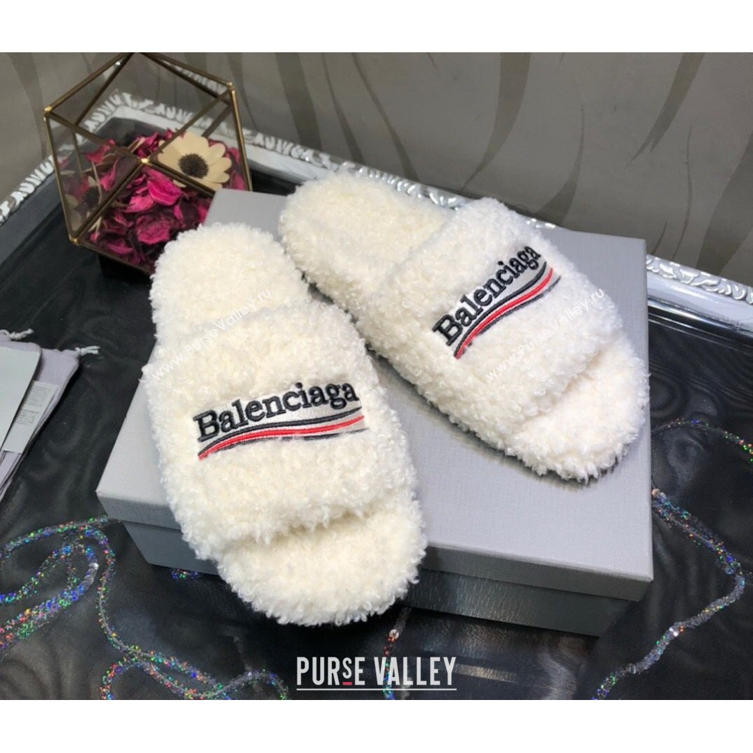 Balenciaga Logo Wool Flat Slide Sandals White 2021 (MD-21081213)