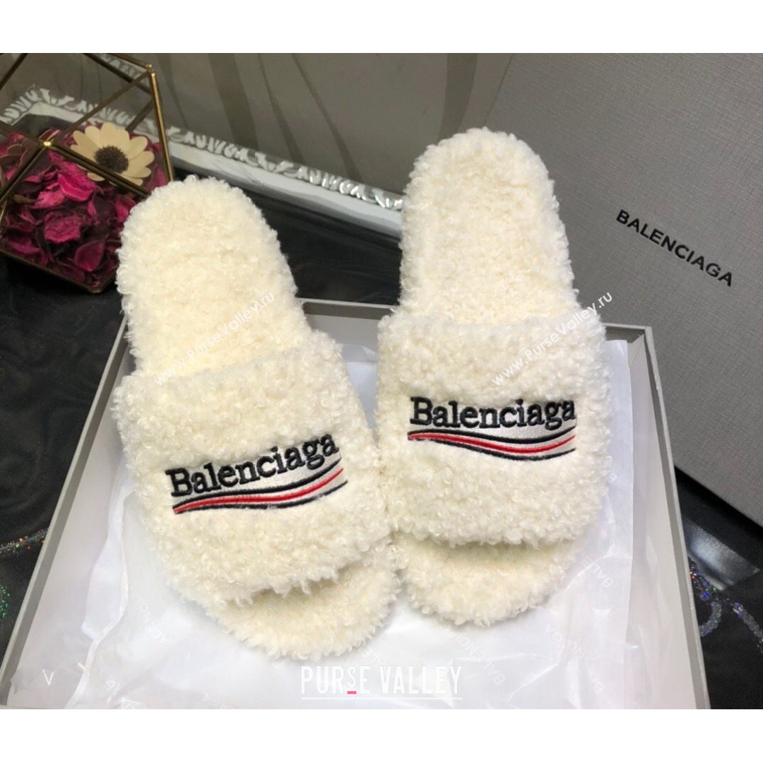 Balenciaga Logo Wool Flat Slide Sandals White 2021 (MD-21081213)