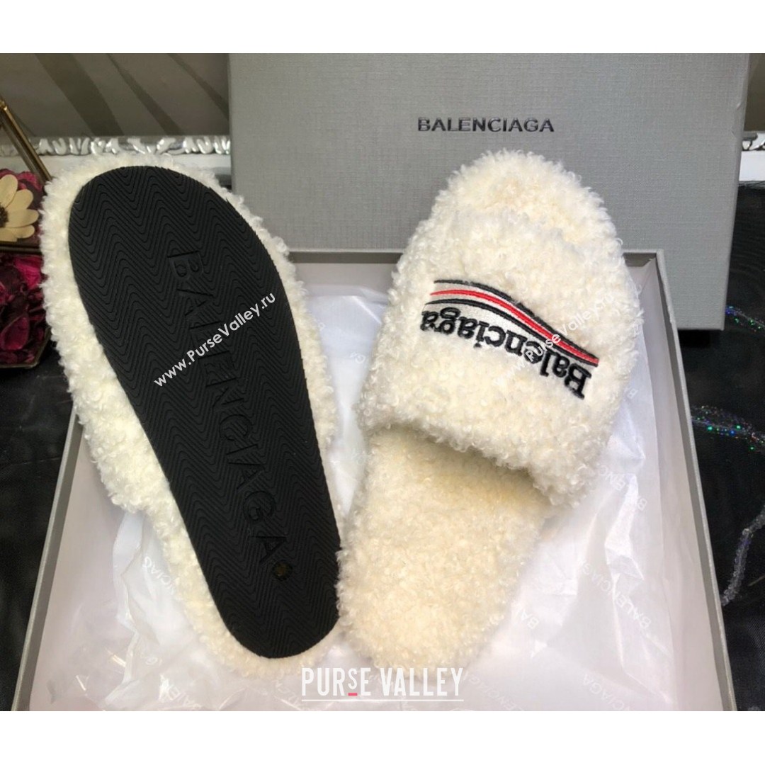 Balenciaga Logo Wool Flat Slide Sandals White 2021 (MD-21081213)