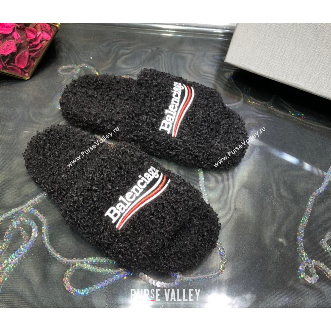 Balenciaga Logo Wool Flat Slide Sandals Black 2021 (MD-21081214)