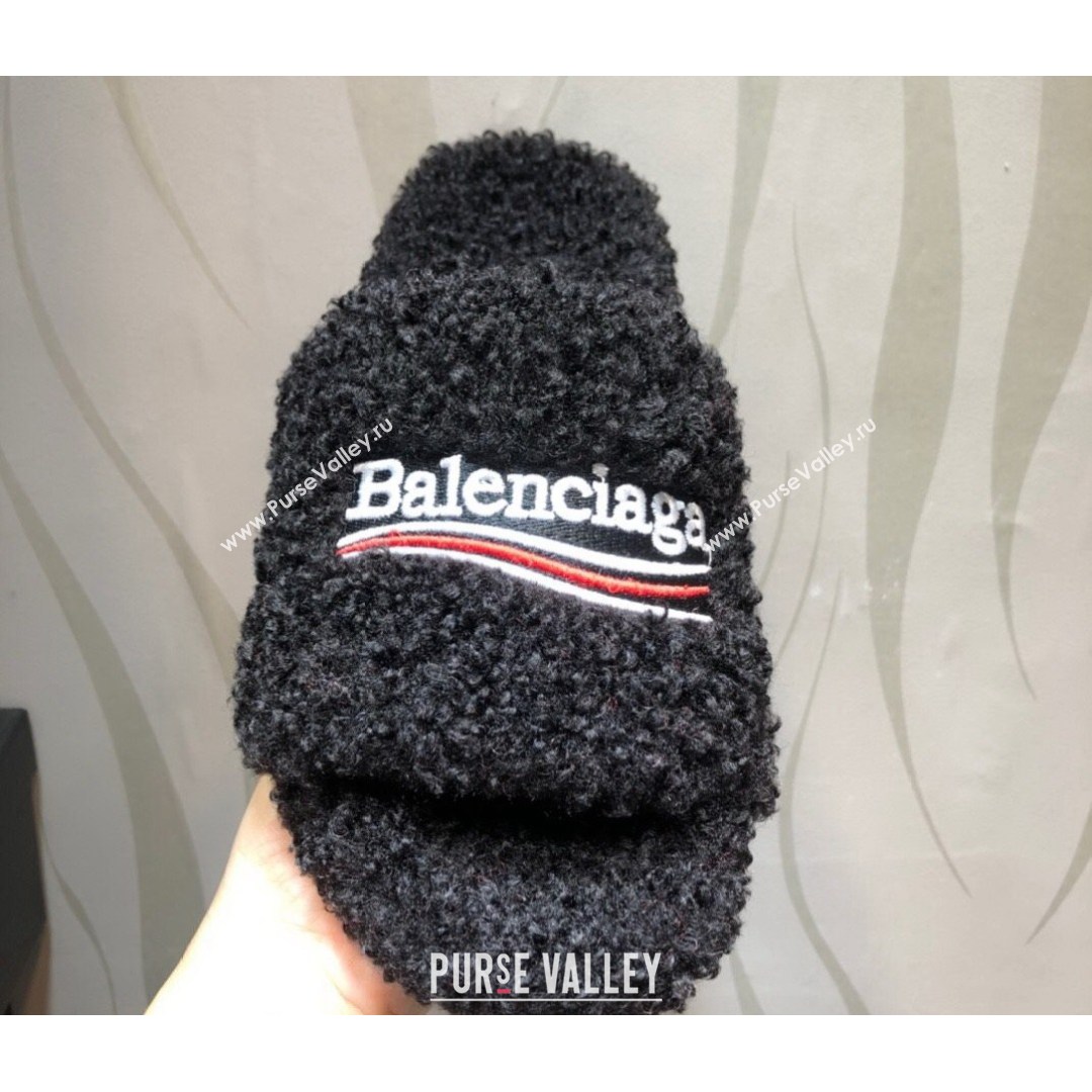 Balenciaga Logo Wool Flat Slide Sandals Black 2021 (MD-21081214)