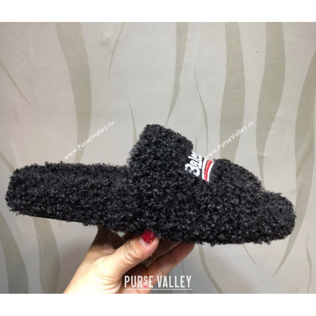 Balenciaga Logo Wool Flat Slide Sandals Black 2021 (MD-21081214)