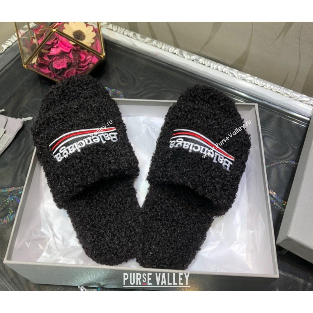 Balenciaga Logo Wool Flat Slide Sandals Black 2021 (MD-21081214)