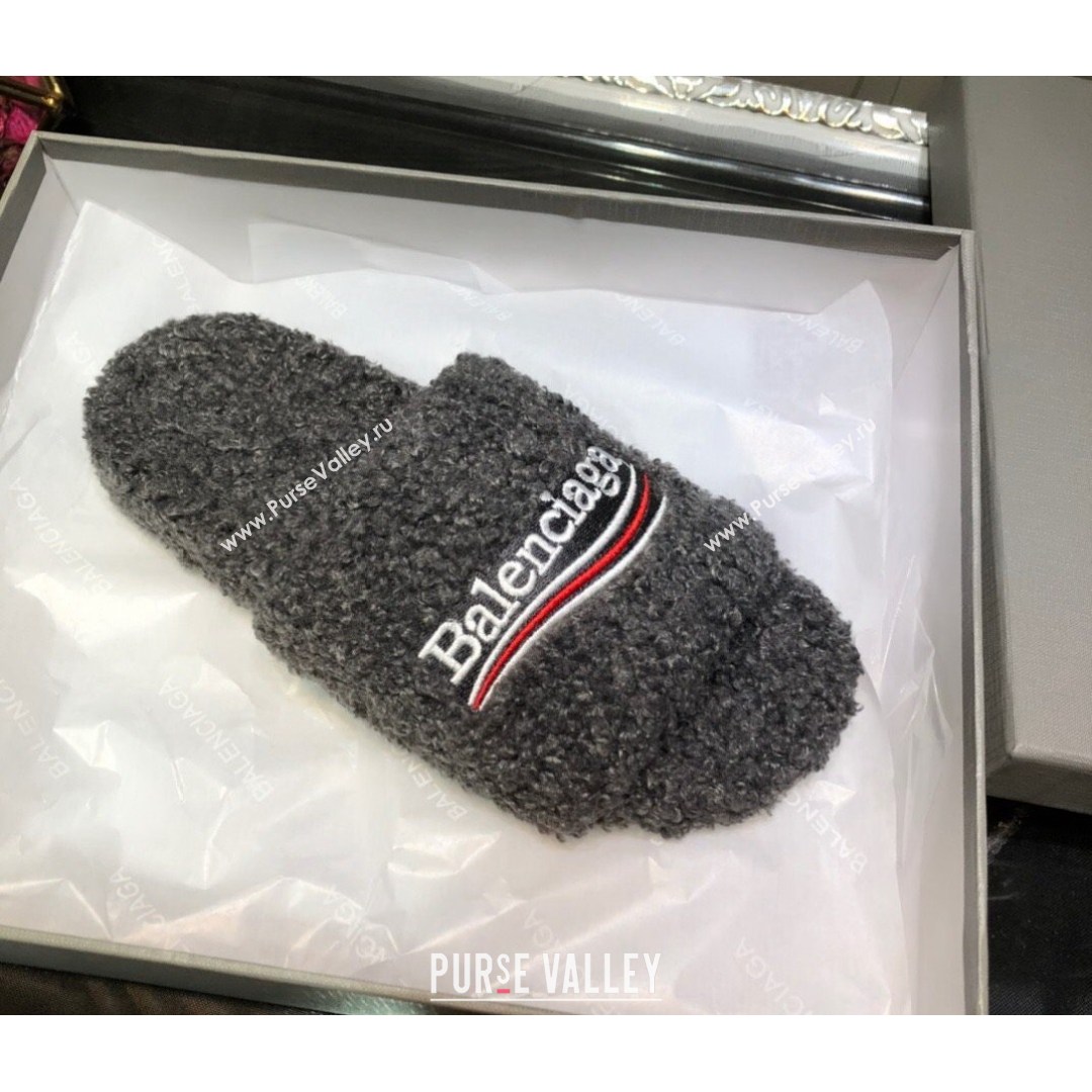 Balenciaga Logo Wool Flat Slide Sandals Grey 2021 (MD-21081215)