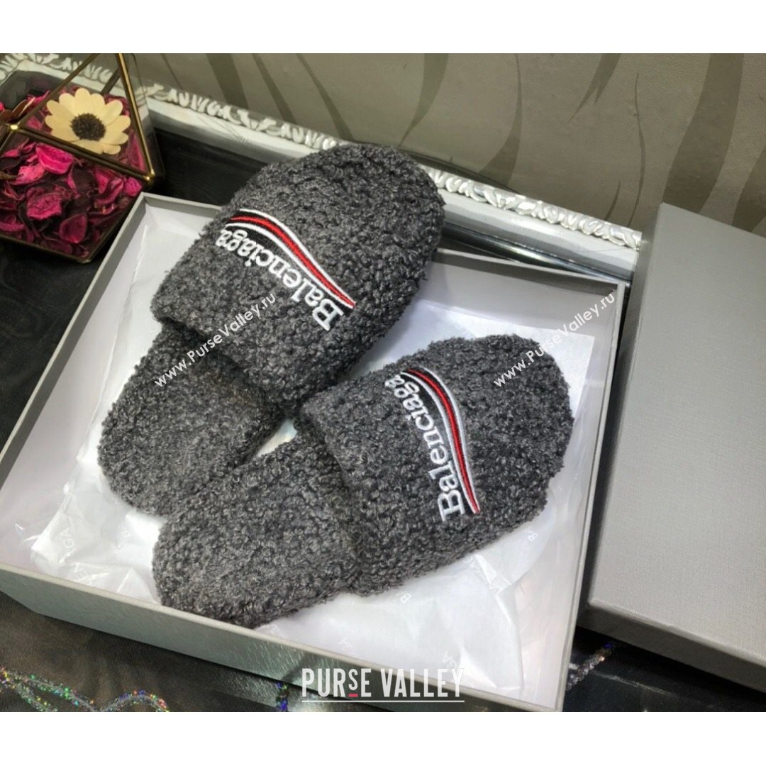 Balenciaga Logo Wool Flat Slide Sandals Grey 2021 (MD-21081215)