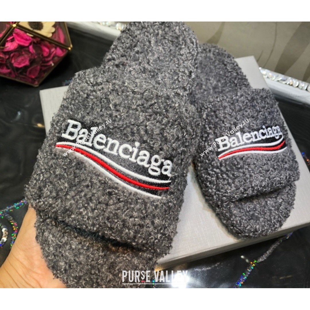 Balenciaga Logo Wool Flat Slide Sandals Grey 2021 (MD-21081215)