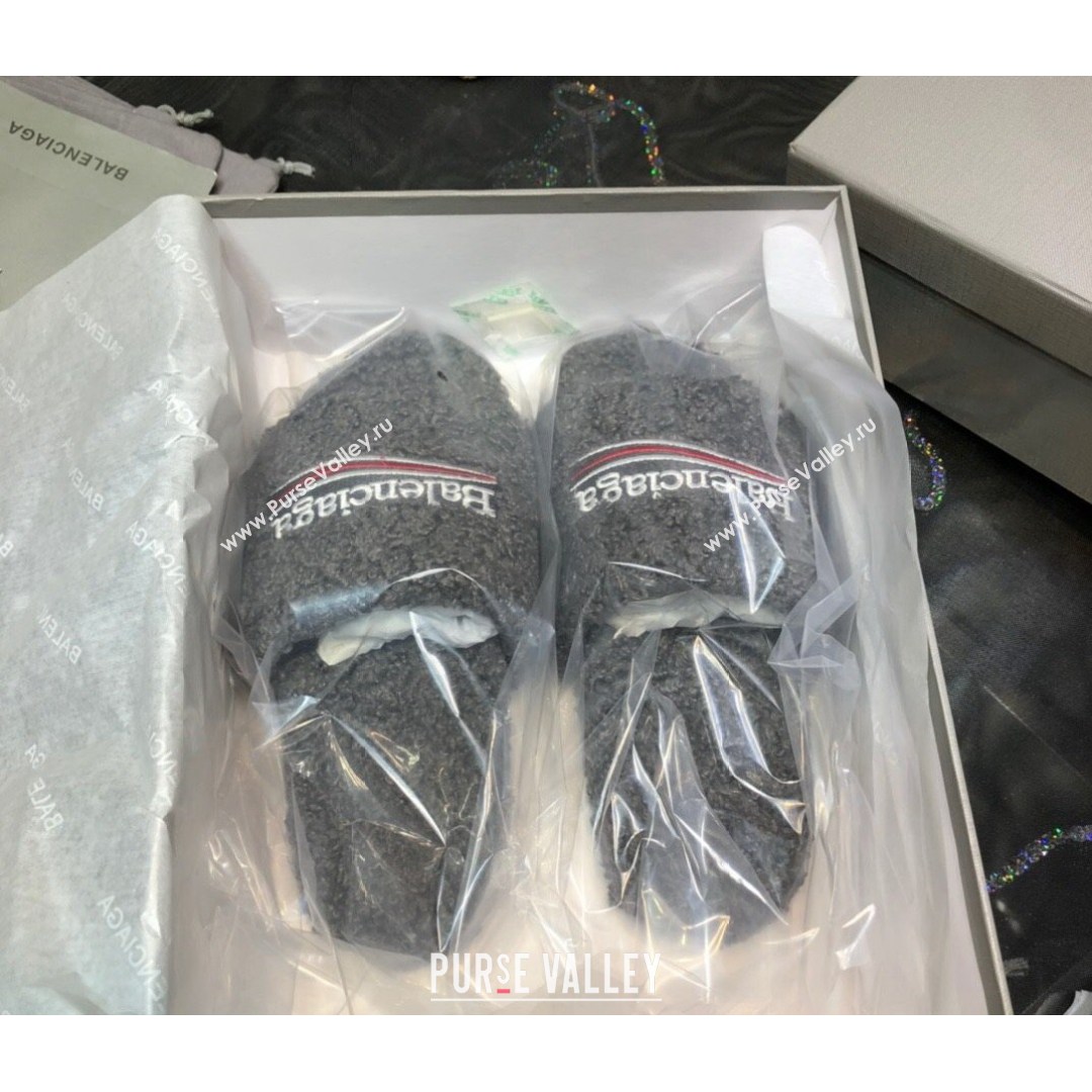 Balenciaga Logo Wool Flat Slide Sandals Grey 2021 (MD-21081215)