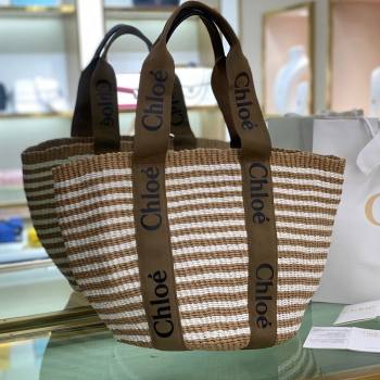 Chloe Large Woody Striped Basket Bag Brown/Beige/White 2021   (NA-21082808)