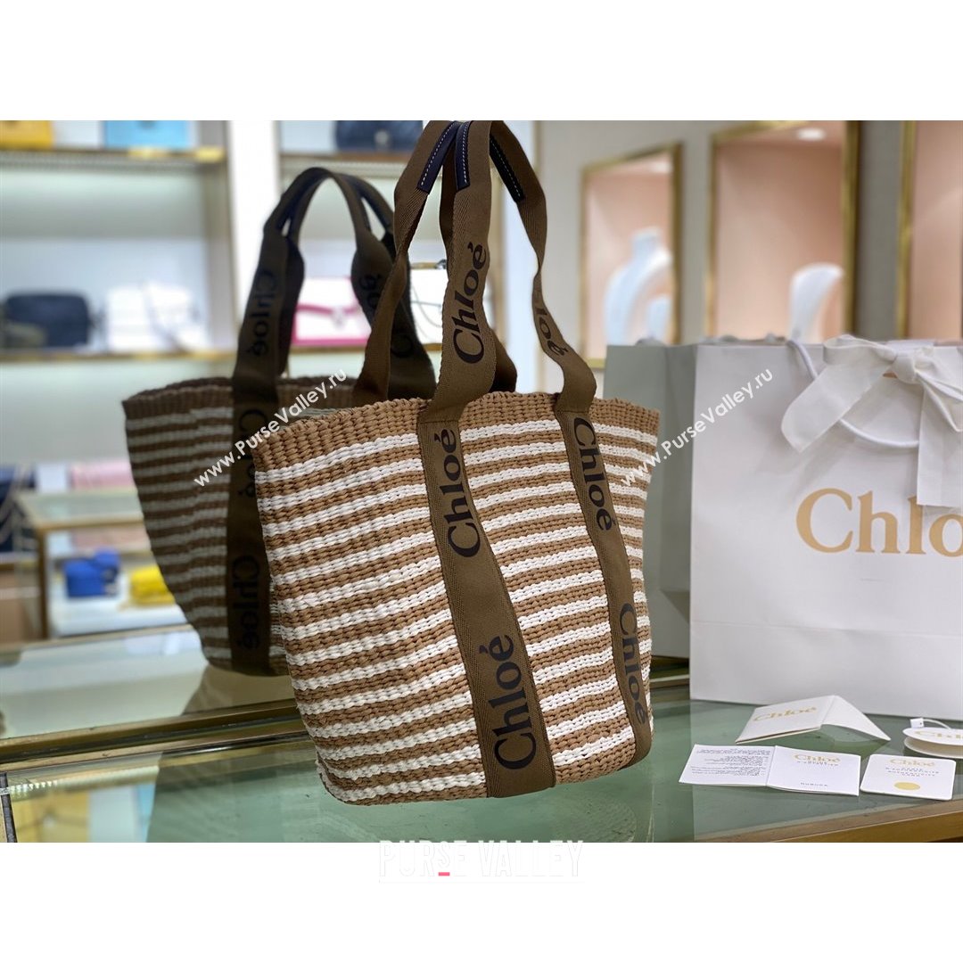 Chloe Large Woody Striped Basket Bag Brown/Beige/White 2021   (NA-21082808)