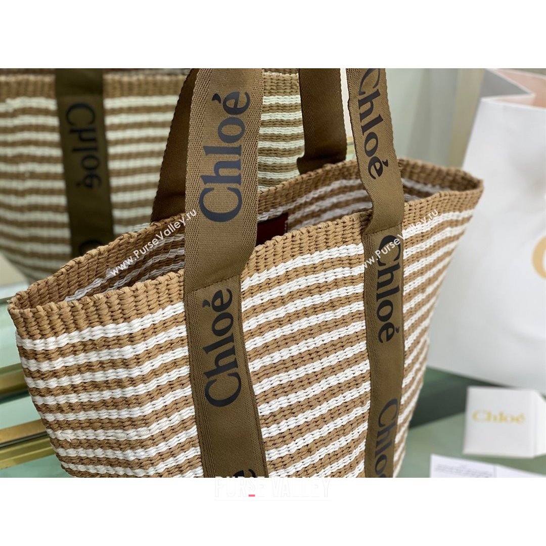 Chloe Large Woody Striped Basket Bag Brown/Beige/White 2021   (NA-21082808)