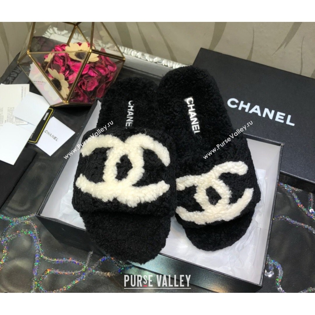 Chanel CC Wool Flat Slide Sandals Black 2021 (MD-21080959)