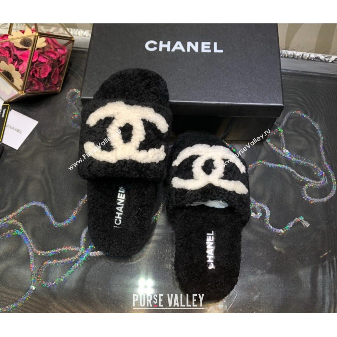 Chanel CC Wool Flat Slide Sandals Black 2021 (MD-21080959)