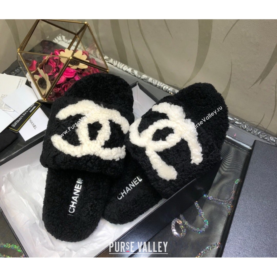 Chanel CC Wool Flat Slide Sandals Black 2021 (MD-21080959)