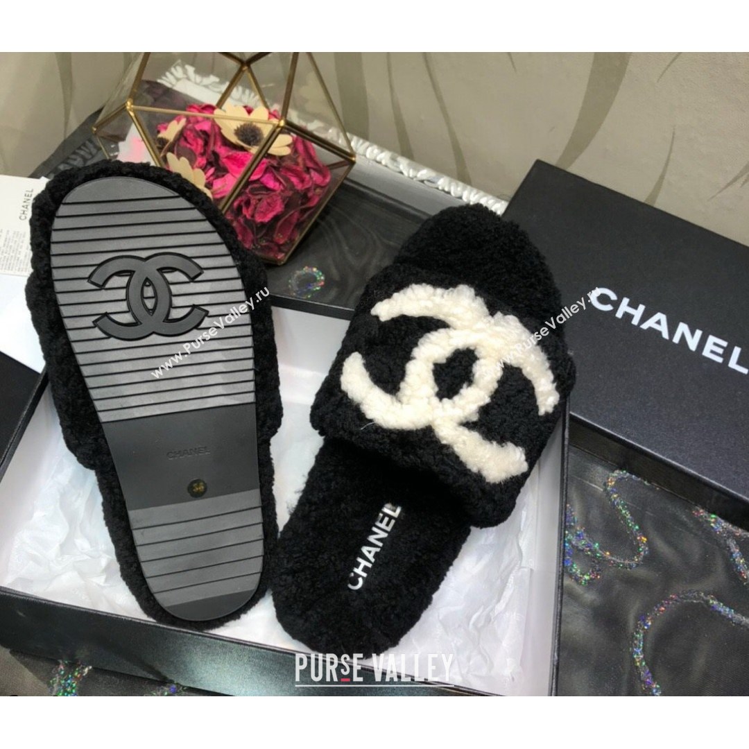 Chanel CC Wool Flat Slide Sandals Black 2021 (MD-21080959)