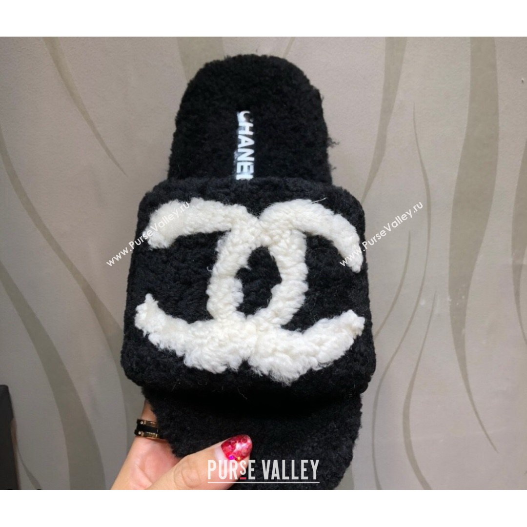 Chanel CC Wool Flat Slide Sandals Black 2021 (MD-21080959)