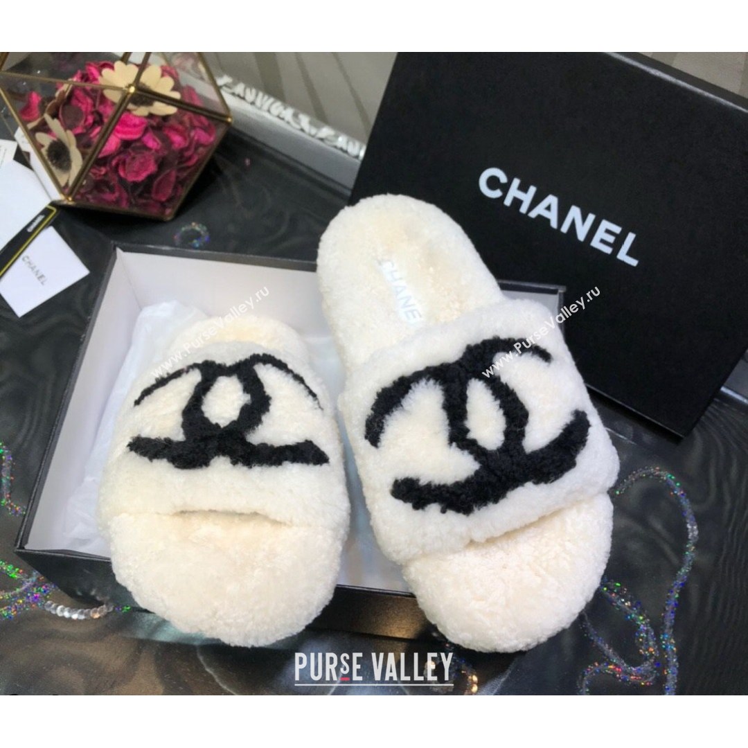 Chanel CC Wool Flat Slide Sandals White 2021 (MD-21080960)