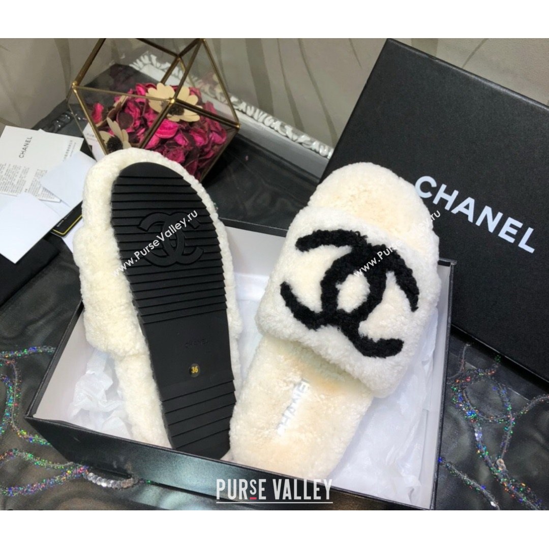 Chanel CC Wool Flat Slide Sandals White 2021 (MD-21080960)