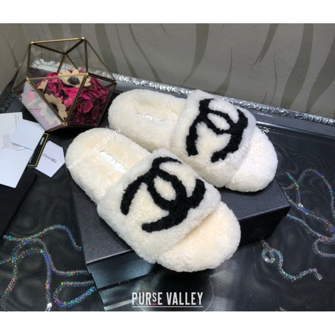 Chanel CC Wool Flat Slide Sandals White 2021 (MD-21080960)