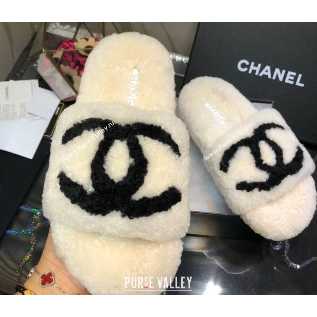 Chanel CC Wool Flat Slide Sandals White 2021 (MD-21080960)