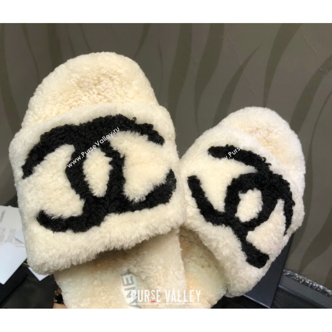 Chanel CC Wool Flat Slide Sandals White 2021 (MD-21080960)