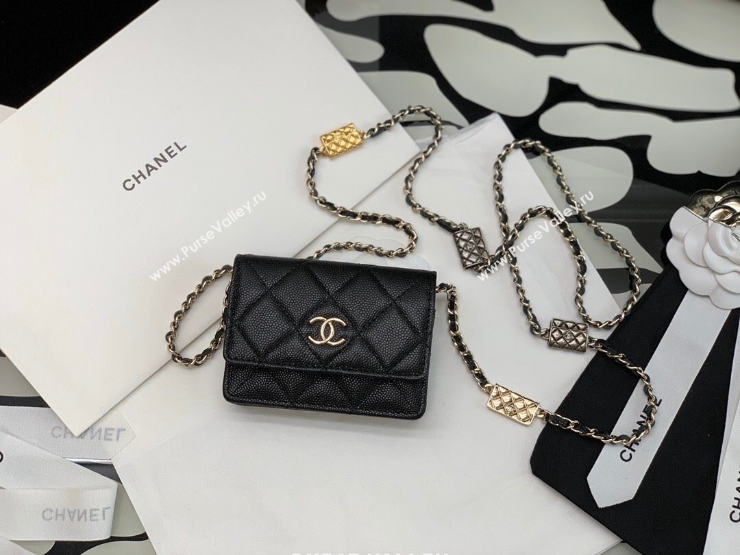 Chanel Grained Calfskin Card Case Wallet on Bag Charm Chain WOC Black 2021 (JY-21101231)
