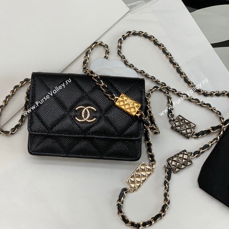 Chanel Grained Calfskin Card Case Wallet on Bag Charm Chain WOC Black 2021 (JY-21101231)