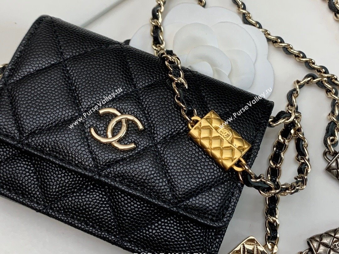 Chanel Grained Calfskin Card Case Wallet on Bag Charm Chain WOC Black 2021 (JY-21101231)