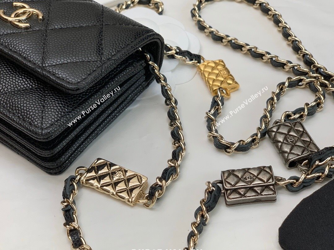 Chanel Grained Calfskin Card Case Wallet on Bag Charm Chain WOC Black 2021 (JY-21101231)