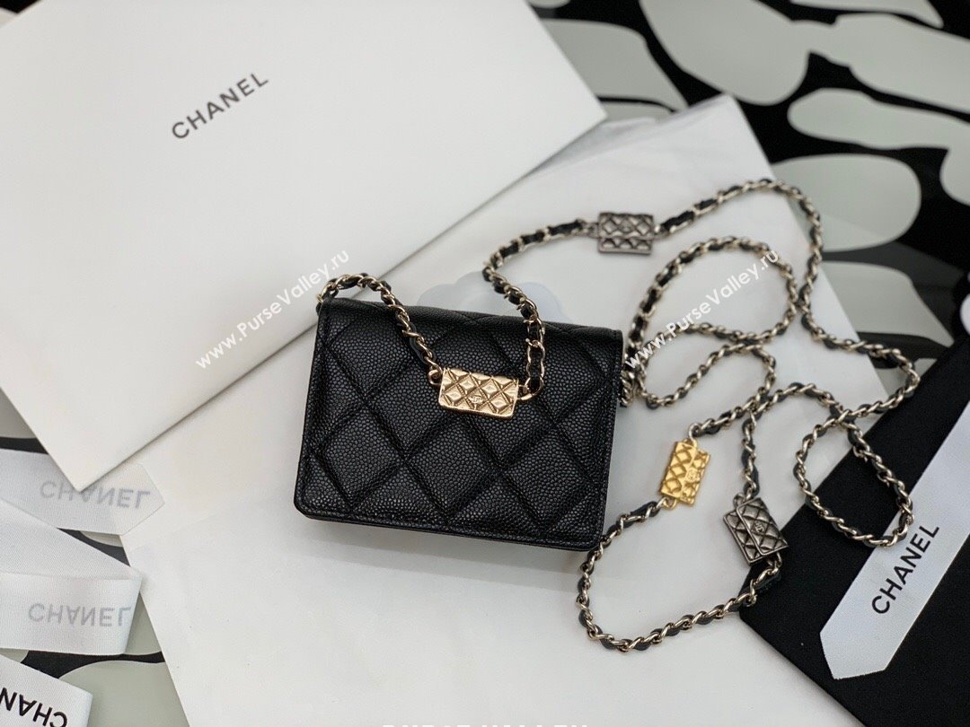 Chanel Grained Calfskin Card Case Wallet on Bag Charm Chain WOC Black 2021 (JY-21101231)