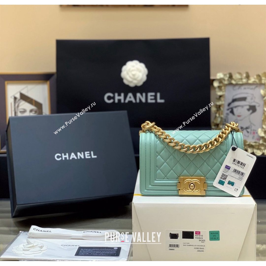 Chanel Quilted Original Lambskin Leather Small Boy Flap Bag Light Green/Gold (Top Quality) (SHUNY-210811065)