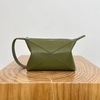 Loewe Mens Puzzle Fold Wash Bag in Shiny Calfskin 9063 Olive Green 2024 Top (KE-24090209)