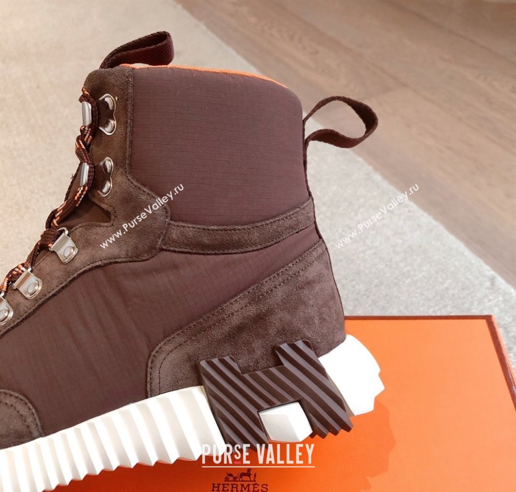 Hermes Klimb Boot Sneakers in Suede and Check Fabric Dark Brown 2025 0226 (XC-250226036)