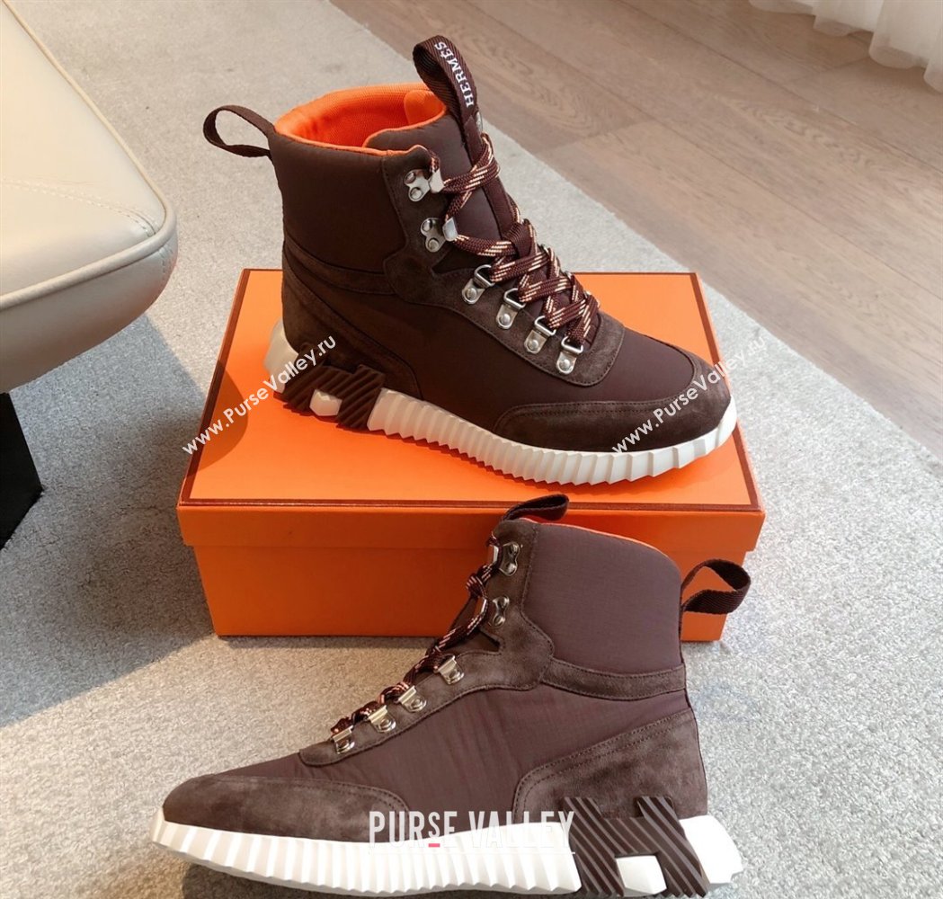 Hermes Klimb Boot Sneakers in Suede and Check Fabric Dark Brown 2025 0226 (XC-250226036)