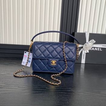 Chanel Grained Shiny Calfskin Small Flap bag with Top Handle AS5166 Navy Blue 2024 (yezi-241106134)