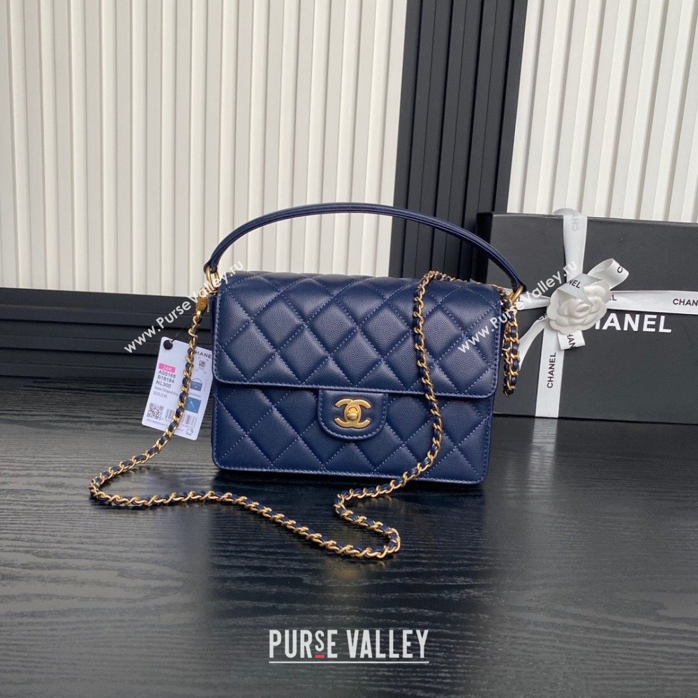 Chanel Grained Shiny Calfskin Small Flap bag with Top Handle AS5166 Navy Blue 2024 (yezi-241106134)