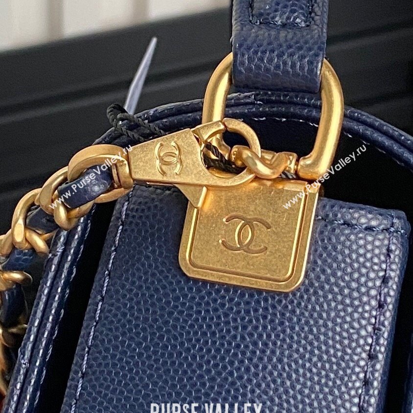 Chanel Grained Shiny Calfskin Small Flap bag with Top Handle AS5166 Navy Blue 2024 (yezi-241106134)