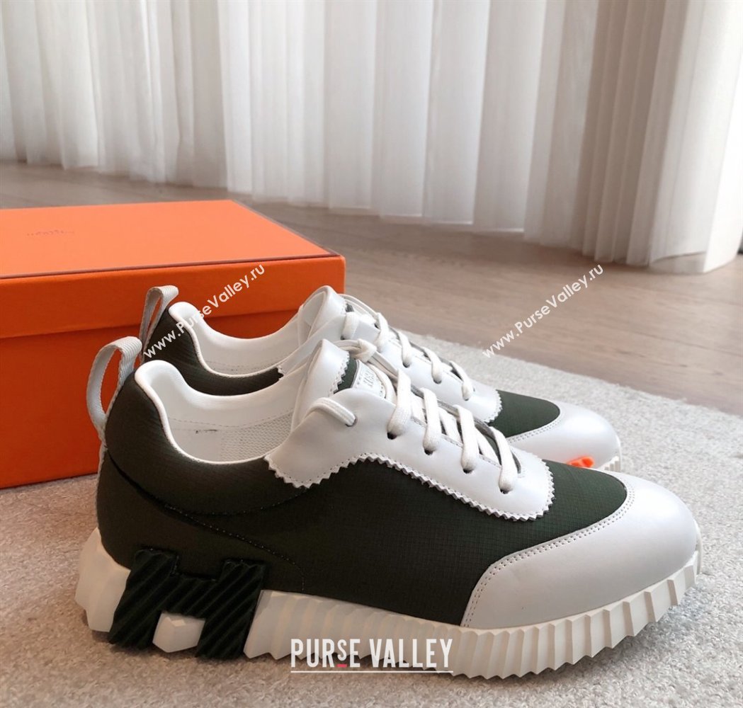 Hermes Bouncing Sneakers in Leather and Check Fabric Dark Green 2025 0226 (XC-250226050)