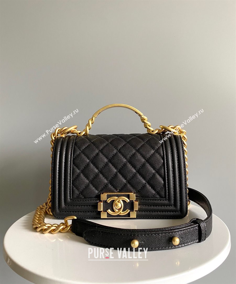 Chanel Small Boy Chanel Handbag with Handle in Grained Shiny Calfskin Black 2023 (YUND-23110601)